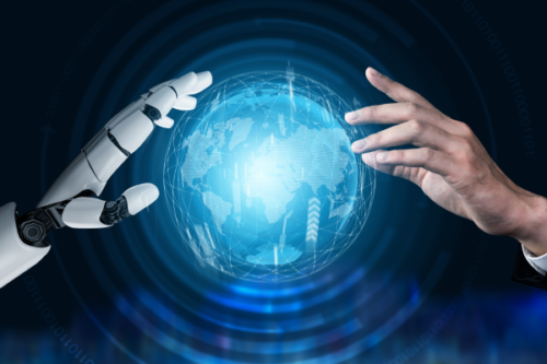 Robot hand and human hand reaching toward a glowing blue globe made of network lines, symbolizing AI and global technology collaboration