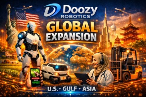 Doozy Robotics Global Expansion banner featuring a humanoid robot, delivery van, forklift, a healthcare professional with a tablet, and a glowing globe with a US-Gulf-Asia backdrop.