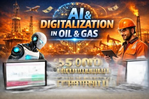 Robot and engineer review AI-driven digitalization in oil and gas, with offshore rigs glowing in the background of fire and lights.
