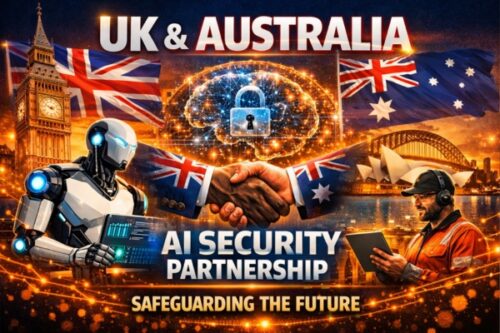 UK & Australia AI security partnership: a robot and a worker shake hands over a glowing global lock, with flags and landmarks; safeguarding the future.