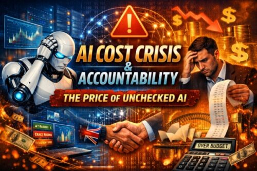 Illustration about AI cost crisis and accountability: a robot beside a worried man, a handshake, a long receipt, and financial icons.