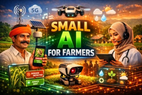 AI for farmers promo: a farmer and a clinician use tablets and devices while a drone and robot monitor crops in a sunlit field.