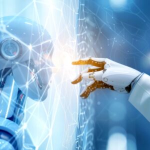 Robotic arm and a gloved hand touch a glowing digital interface, symbolizing human-robot collaboration.
