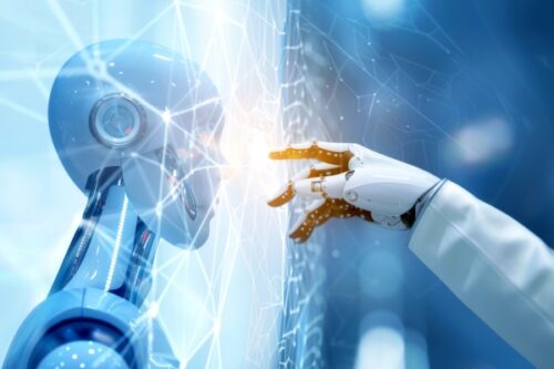 Robotic arm and a gloved hand touch a glowing digital interface, symbolizing human-robot collaboration.