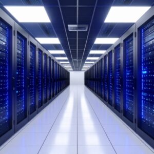 fundsforNGOs - 2026-05-19T170032925 - NGOs.AI Data center hallway with rows of blue-lit server racks along a bright white tiled floor, converging at a distant white wall.