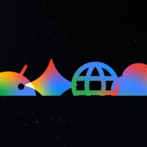 fundsforNGOs - 2026-05-21T152550193 - NGOs.AI Rainbow-gradient Android mascot and icons (robot head, mountain, globe, cloud) floating on a dark starry background in space.
