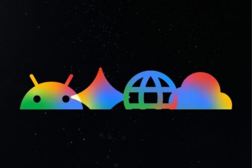 Rainbow-gradient Android mascot and icons (robot head, mountain, globe, cloud) floating on a dark starry background in space.
