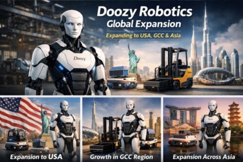 Doozy Robotics global expansion banner with a humanoid robot, logistics vehicles, and city skylines; text: expanding to USA, GCC & Asia.