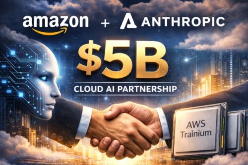 Amazon and Anthropic announce a $5B cloud AI partnership, shown by a handshake against a futuristic cityscape backdrop.