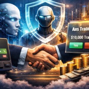 fundsforNGOs - 2026-05-22T160555653 - NGOs.AI Robot and human handshake in front of a glowing shield; a payment alert and stacked coins suggest a cyber scam or financial fraud scenario.