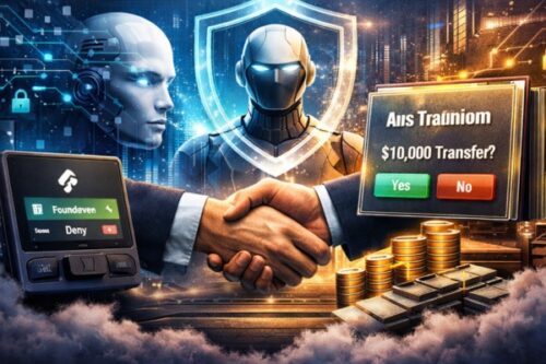 Robot and human handshake in front of a glowing shield; a payment alert and stacked coins suggest a cyber scam or financial fraud scenario.