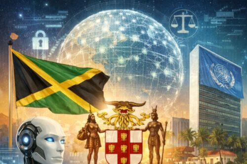 Futuristic collage showing the Jamaica flag, UN building, a robotic head, statues, a heraldic crest, and a glowing globe to symbolize international law and global security.