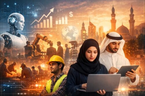 Diverse professionals using laptops and tablets in a futuristic cityscape with robots, holographic charts, and a construction scene in the background.