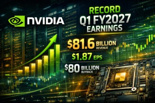 NVIDIA logo with a rising chart and bold numbers: Q1 FY2027 revenue $81.6B, EPS $1.87, $80B buyback.