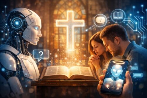 Robot and a couple praying over an open Bible, with a glowing cross and futuristic holographic icons around them.