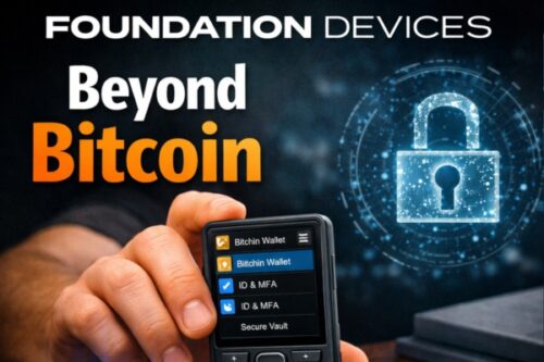 Hand holding a hardware wallet with a glowing lock graphic and the words 'Beyond Bitcoin' for a security-focused Bitcoin image of Foundation Devices.