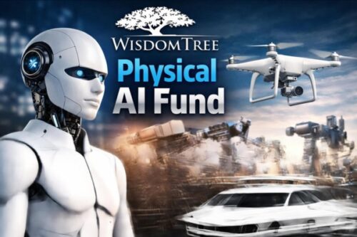 Promotional banner for WisdomTree Physical AI Fund featuring a white humanoid robot, a drone, a sleek car, and a futuristic city backdrop.