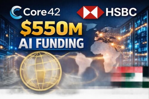Banner announcing $550M AI funding from Core42 and HSBC, with a glowing globe, data servers, and a UAE flag in motion.