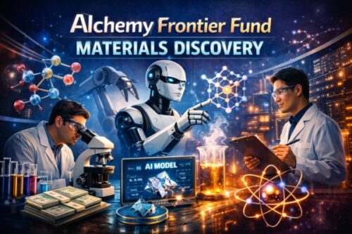 Futuristic lab with a humanoid robot flanked by two scientists, analyzing an AI MODEL screen amid glowing molecular graphics and lab equipment.