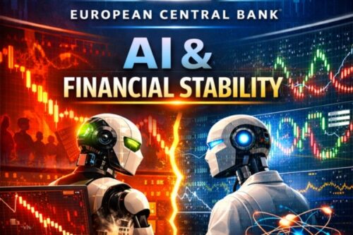 Robots facing each other across a split, with glowing stock charts in the background and the banner text 'AI & Financial Stability' beneath 'European Central Bank'