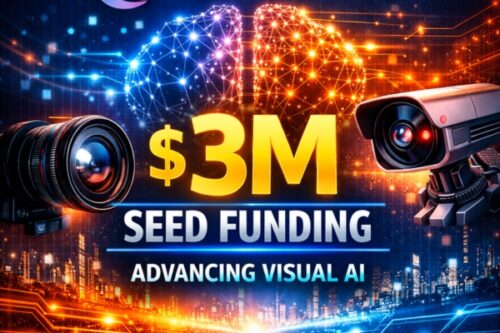 Banner announcing $3M seed funding for advancing visual AI, featuring cameras and a glowing neural-brain motif.