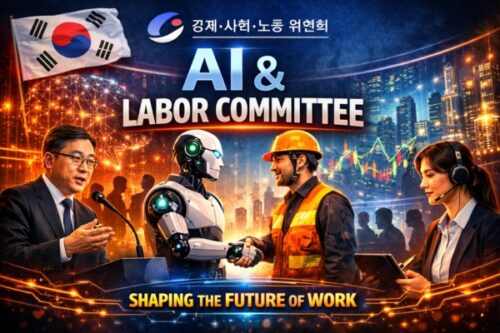Event poster for AI & Labor Committee showing a robot shaking hands with a construction worker, city lights, and the Korean flag.