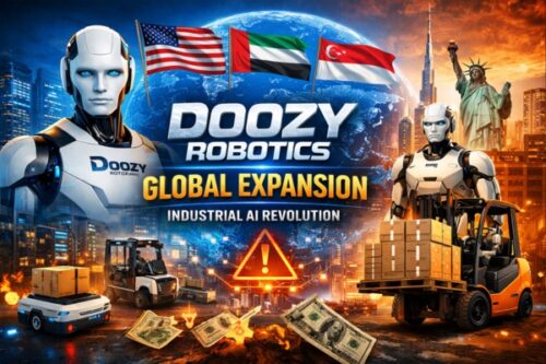 Doozy Robotics: global expansion banner with two humanoid robots, world globe, USA/UAE/Turkey flags, city skyline, forklift with boxes, and money imagery.