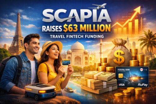Promotional banner for SCAPIA travel fintech funding: two travelers with a credit card, large cash piles, and world landmarks in the background.