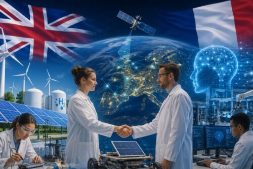 Two scientists shake hands in a lab, symbolizing international scientific collaboration, with Earth, satellites, and a blue brain hologram in the background and the UK and France flags overhead.