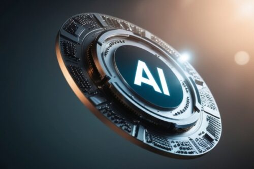 Circular futuristic AI device with a glowing 'AI' at the center against a dark gradient background