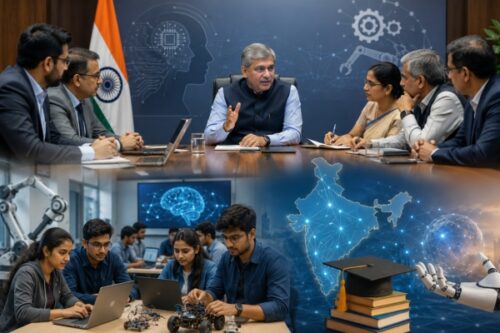 Group of executives in a boardroom discuss technology, with the Indian flag and a tech mural behind them.