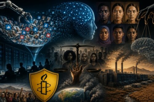 Collage illustrating AI and ethics: digital brain, social icons, diverse faces, scales of justice, and polluted cityscape with smokestacks and a glowing shield emblem.