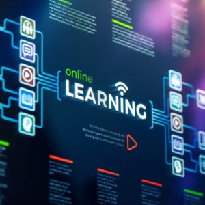 fundsforNGOs 23 - NGOs.AI Online learning concept: glowing 'LEARNING' text with interconnected tech icons around it.