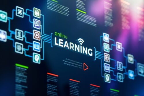 Online learning concept: glowing 'LEARNING' text with interconnected tech icons around it.
