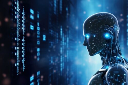 Futuristic humanoid robot facing left, with glowing blue eyes amid a data-filled, neon blue background.