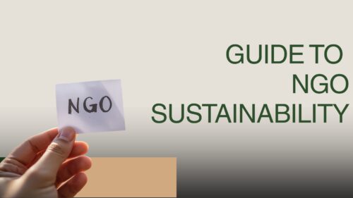 Close-up of a hand holding a small note that says 'NGO' against a gradient background with large text 'Guide to NGO Sustainability'.