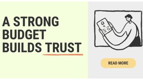 Bold headline: 'A STRONG BUDGET BUILDS TRUST' on a pale yellow panel; on the right is a black-and-white sketch of a person holding a tablet; a rounded yellow 'READ MORE' button appears near the bottom.