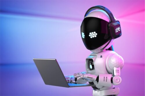 Robot with a laptop wearing headphones in a neon-lit, futuristic setting, suggesting tech or AI assistance.