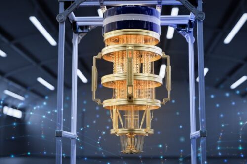 Gold-toned, multi-ring scientific instrument suspended in a metal frame inside a high-tech lab, glowing blue background lights