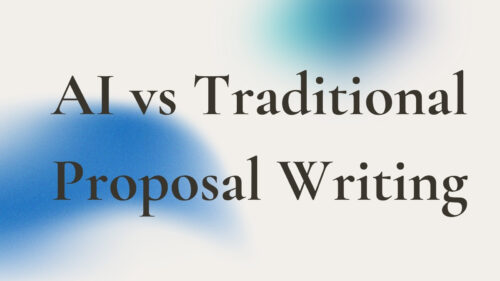 Title graphic reading 'AI vs Traditional Proposal Writing' with blue gradient shapes in a pale background.