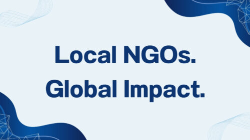 Banner reading 'Local NGOs. Global Impact.' in bold dark blue text on a pale blue background with abstract dark-blue curves in the corners suitability for a promo page.