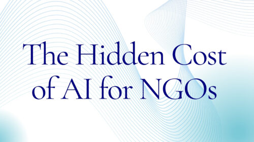 Poster title: The Hidden Cost of AI for NGOs, with abstract blue wave lines in the background