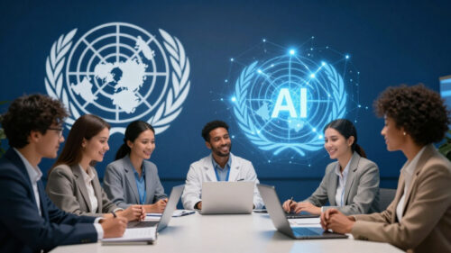 Six professionals of diverse backgrounds sit around a conference table with laptops, a futuristic AI graphic and the UN emblem on a blue wall behind them.