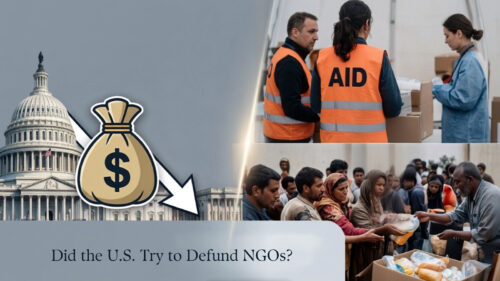 Collage showing U.S. Capitol, a funds icon with an arrow, and people receiving aid, for an article about defunding NGOs.