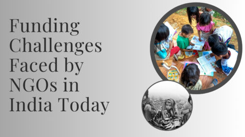 Banner about funding challenges for NGOs in India today, with circular photos of children reading and a grayscale image of children wrapped in blankets on the right.