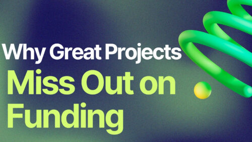 Banner with the headline 'Why Great Projects Miss Out on Funding' in large lime text on a dark gradient background with a green twisted ribbon on the right.