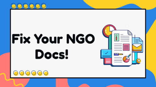 Hero banner reading 'Fix Your NGO Docs!' with a document/chart illustration on the right against a bright blue and yellow abstract background.