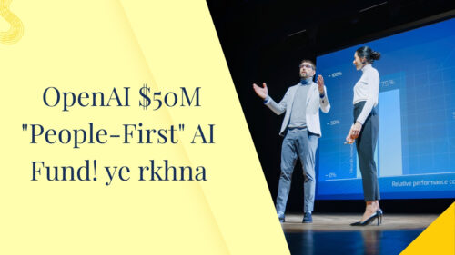 Two presenters on a stage beside a large blue chart screen, with a yellow design left panel and bold text about OpenAI funding on the slide edge. Describes the scene and message rather than visuals only.