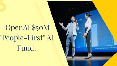 Two presenters on a stage beside a blue chart backdrop; headline reads OpenAI $50M 'People-First' AI Fund.