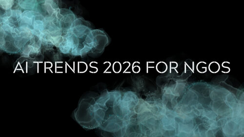 Text banner reading 'AI TRENDS 2026 FOR NGOs' over teal smoke design on a black background